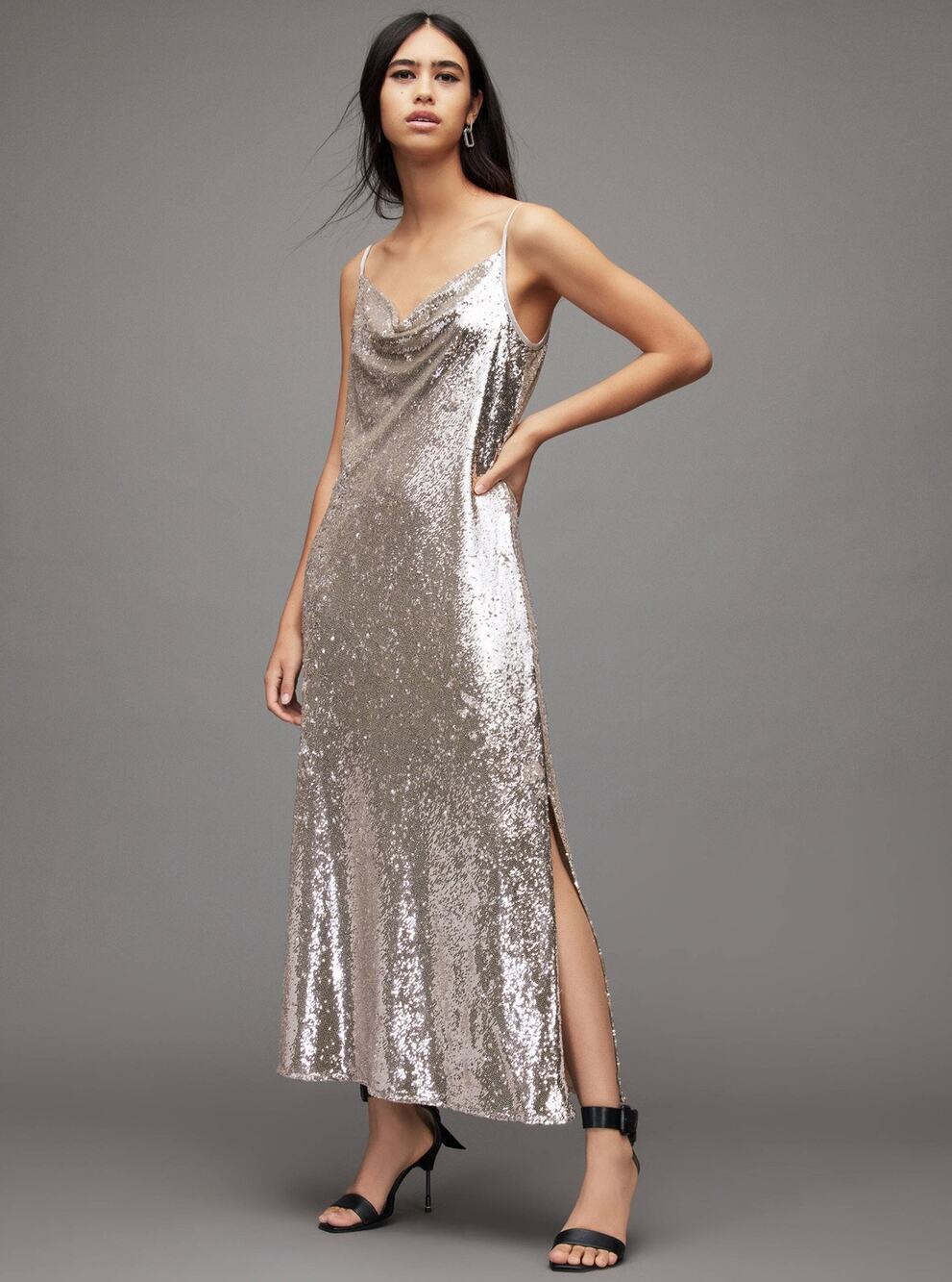 ALLSAINTS Silver Sequin Hadley Slip Style Cowl Neck Side Slit Dress size US 10